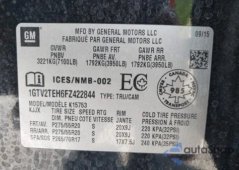 2015 GMC Sierra 1500 z USA, uszkodzony, nr VIN 1GTV2TEH6FZ422844